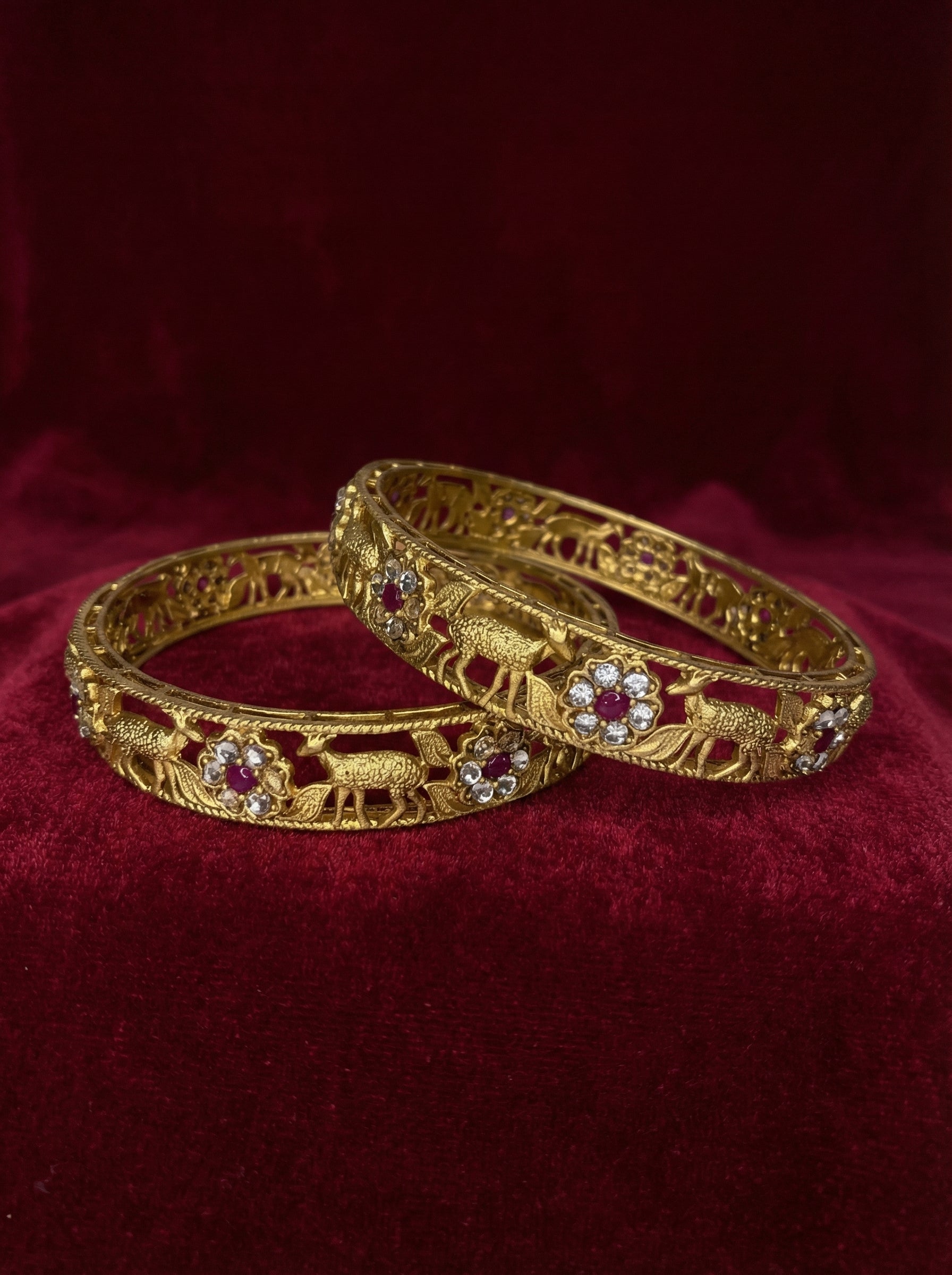Gold Plated Deer and Floral Bangles with Ruby and Diamond
