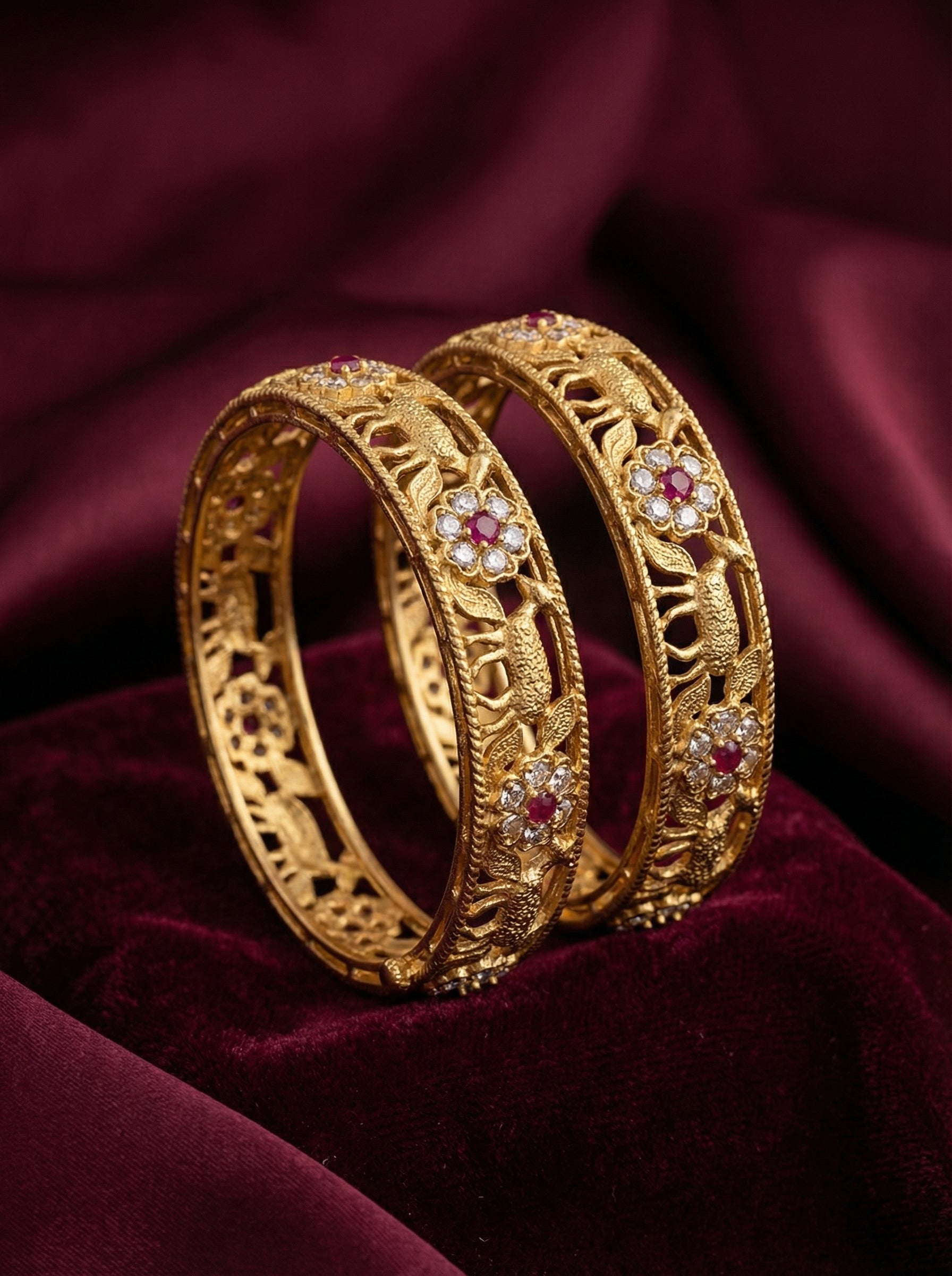 Gold Plated Deer and Floral Bangles with Ruby and Diamond