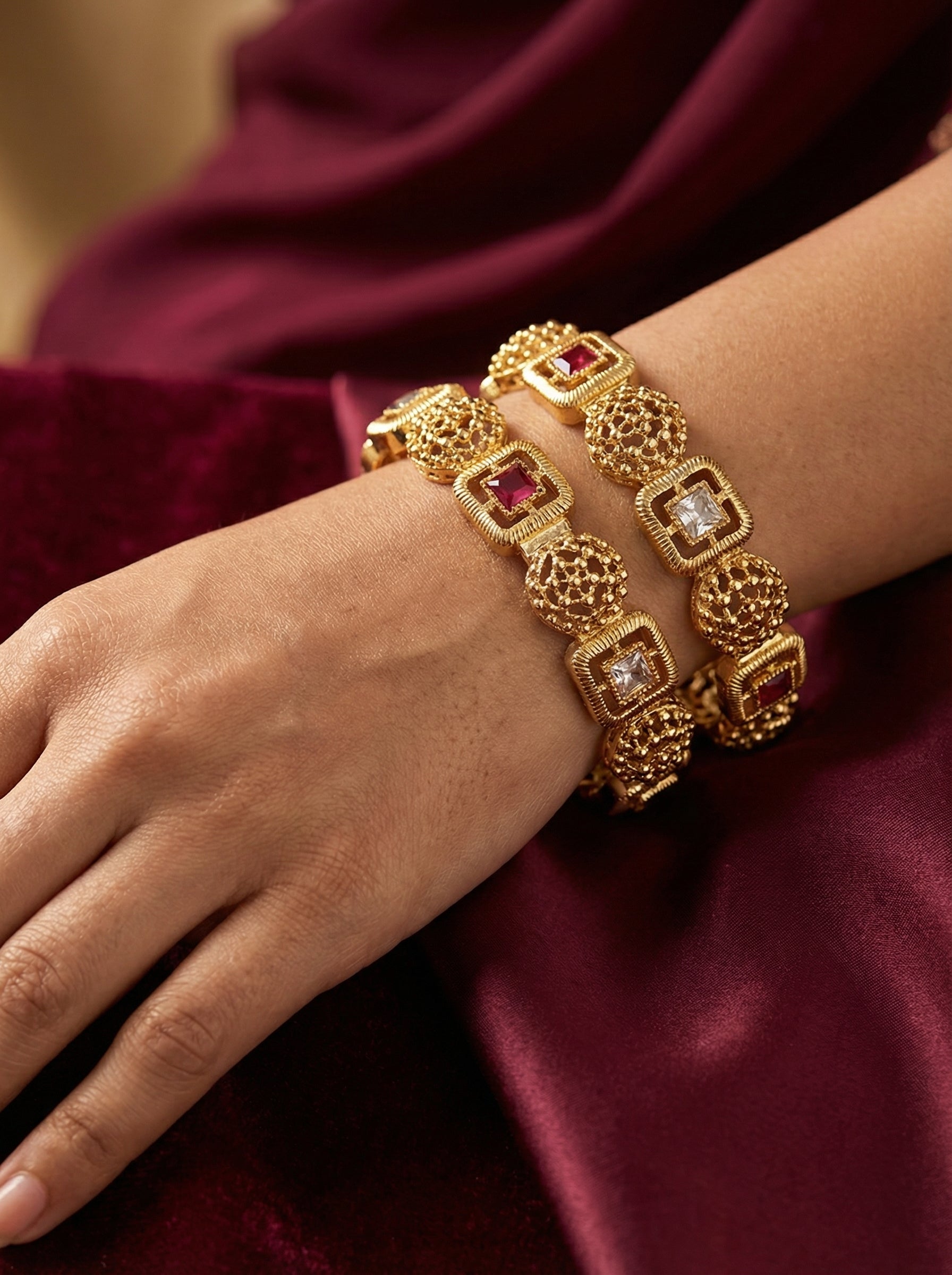 Gold Filigree Bangles with Red and White Stones