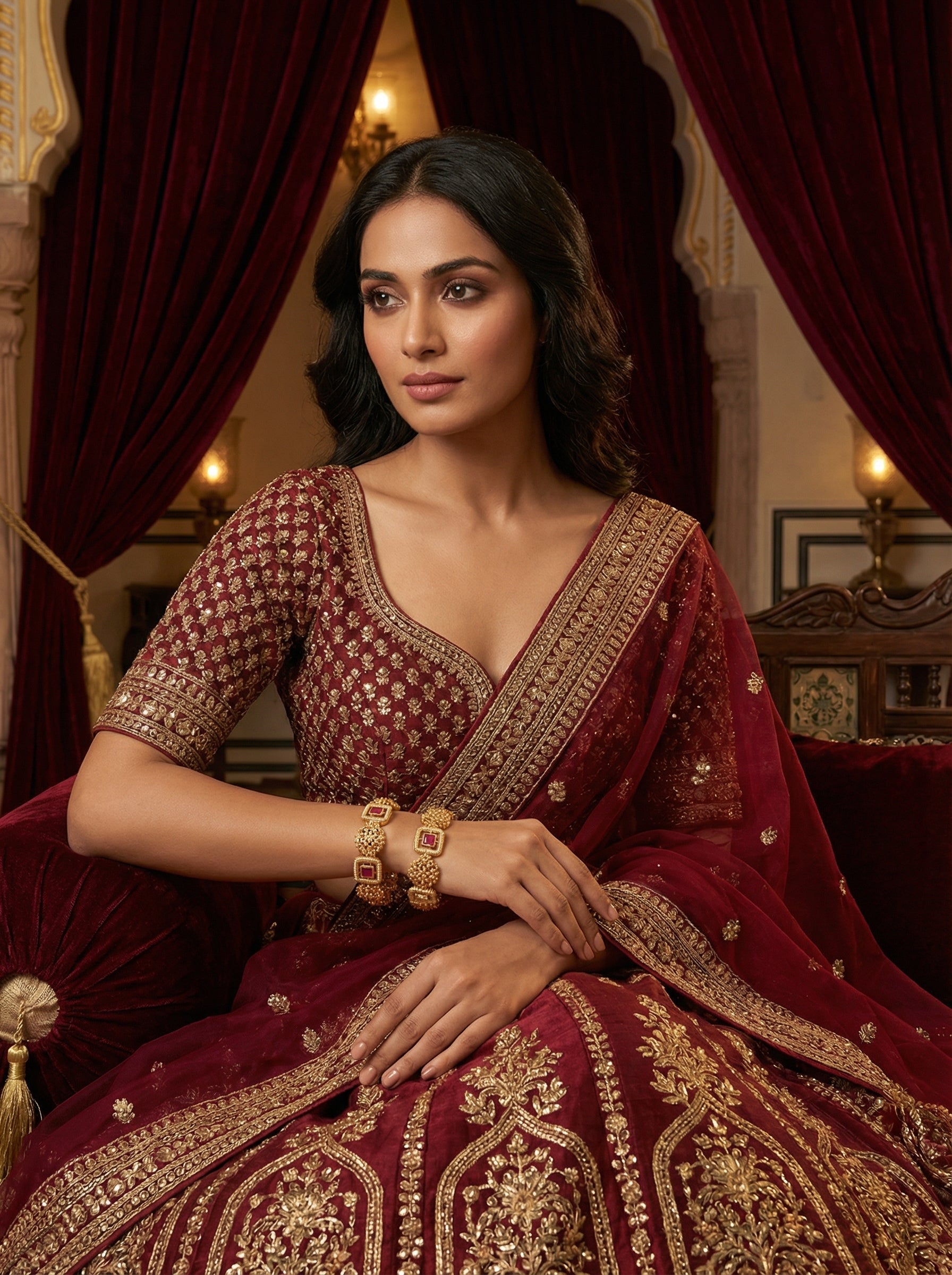 Gold Filigree Bangles with Red and White Stones