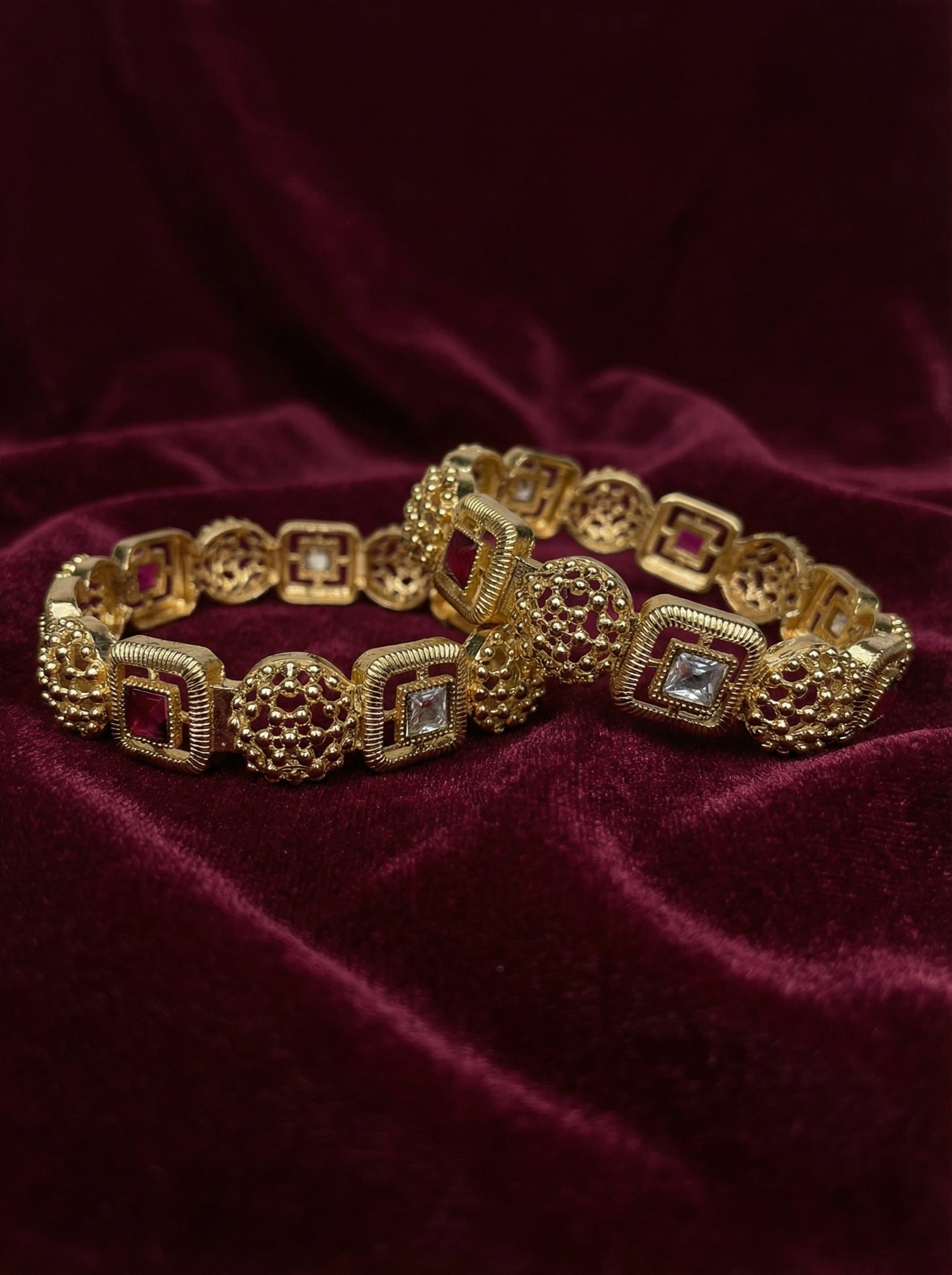 Gold Filigree Bangles with Red and White Stones