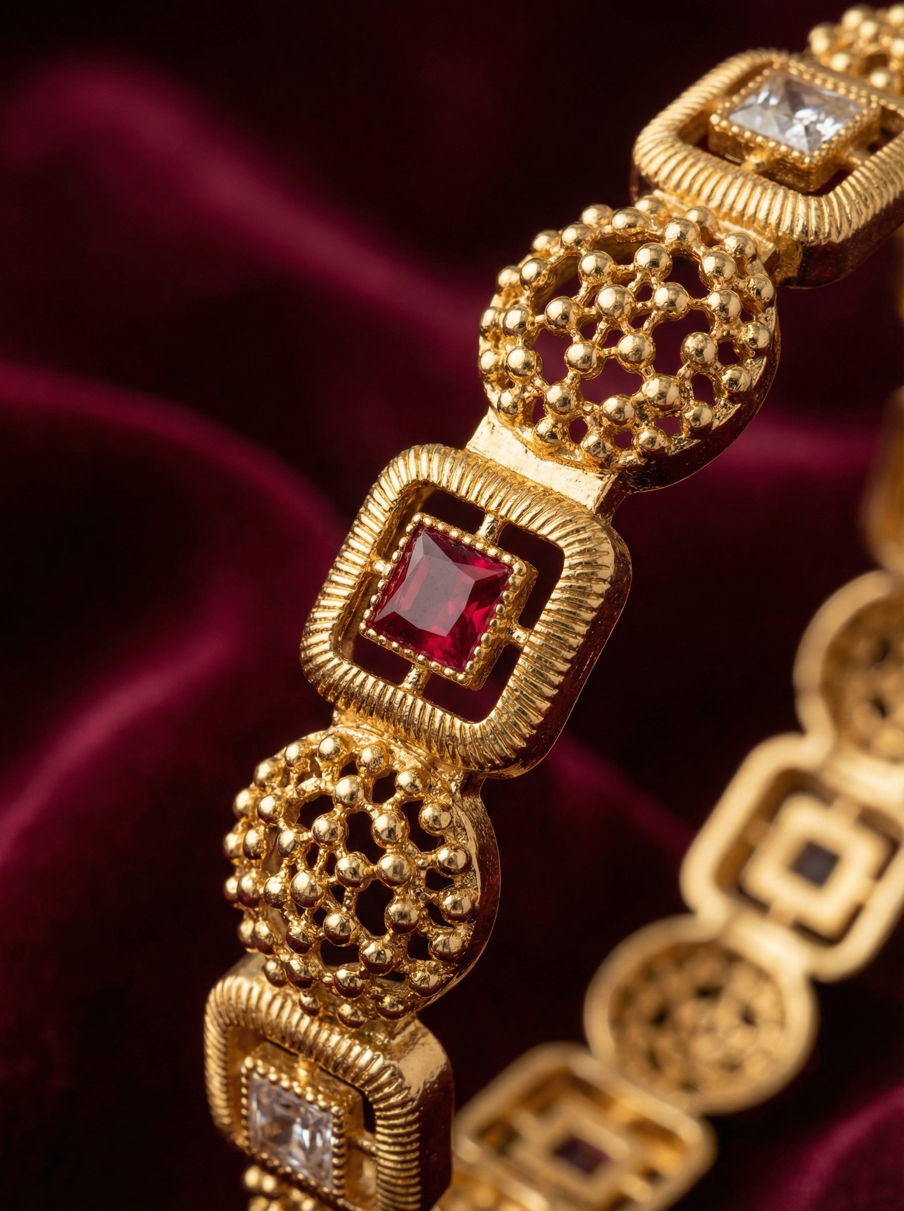 Gold Filigree Bangles with Red and White Stones