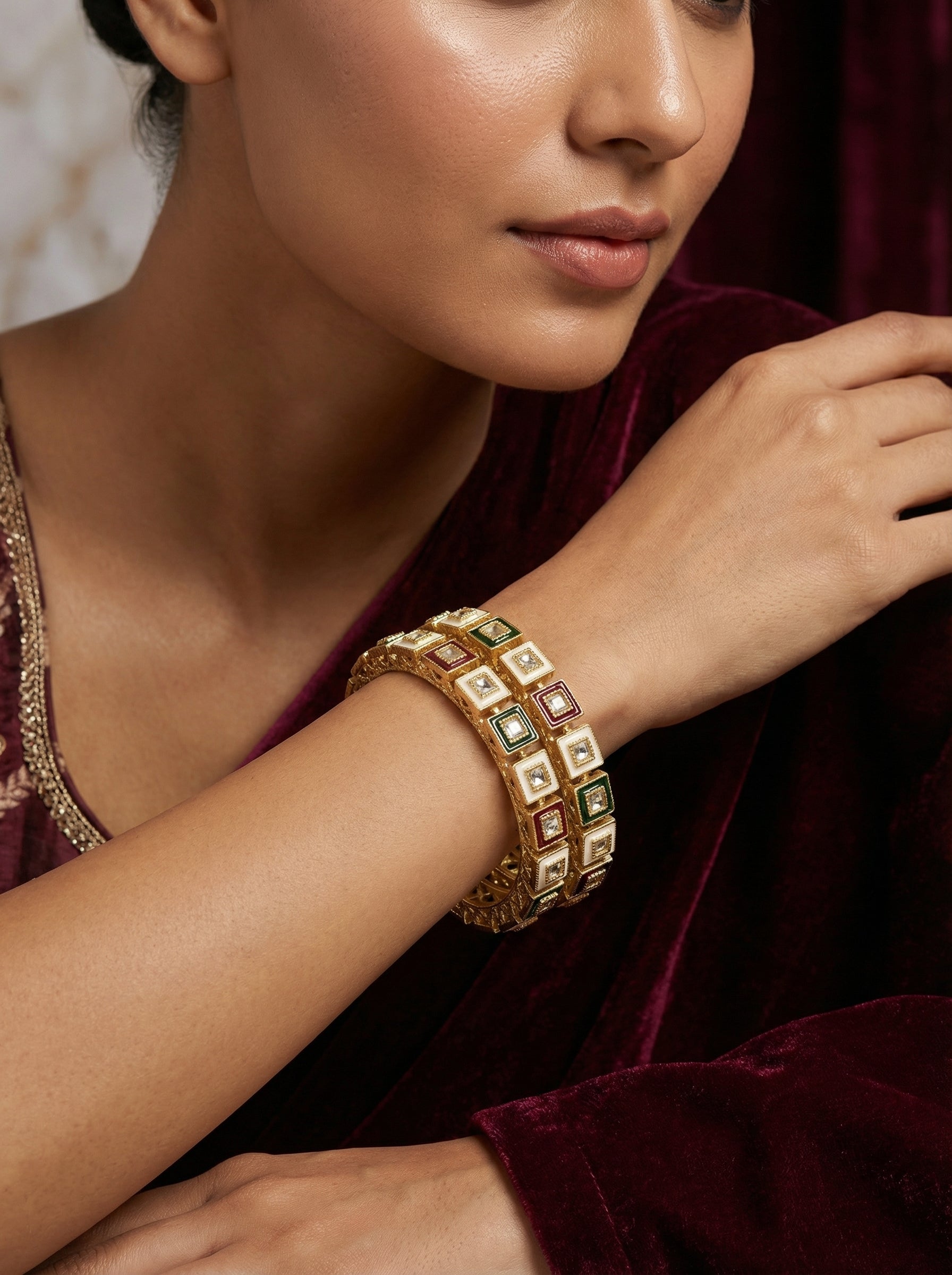 Gold Plated Kundan Bangles with Enamel Work