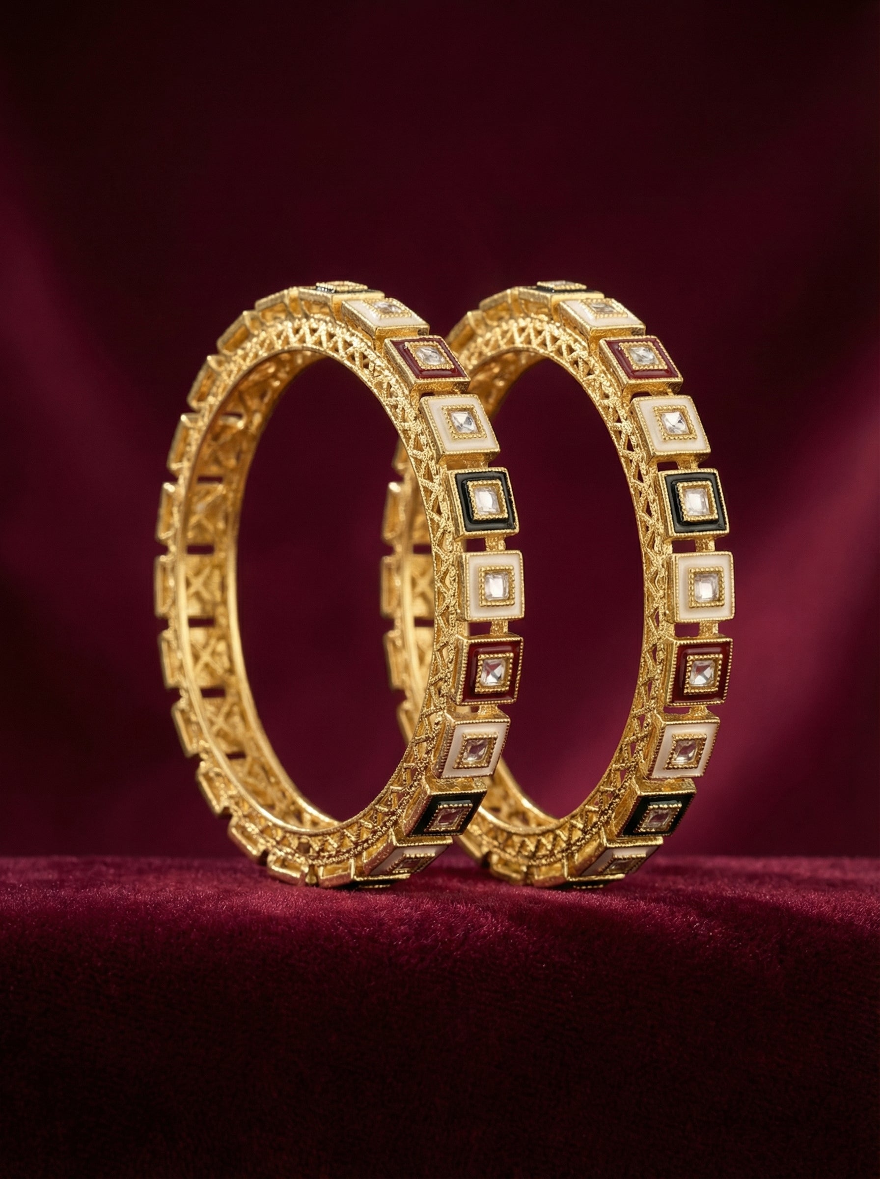 Gold Plated Kundan Bangles with Enamel Work