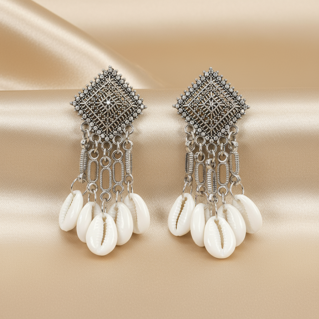 Bohemian Silver Shell Dangle Earrings – Handmade Tribal Beach Jewelry