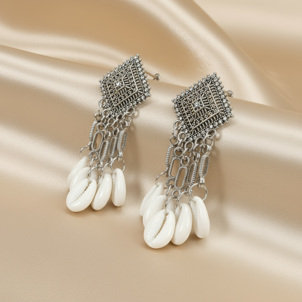 Bohemian Silver Shell Dangle Earrings – Handmade Tribal Beach Jewelry