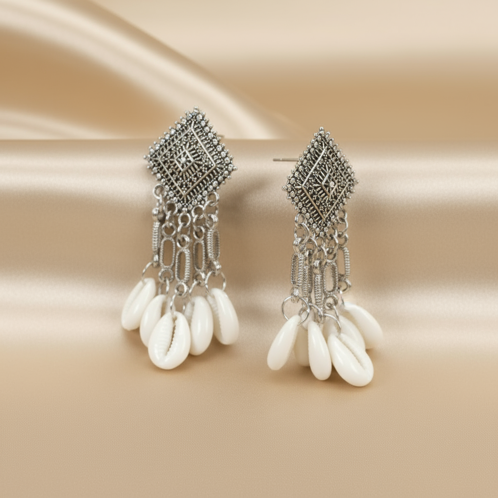 Bohemian Silver Shell Dangle Earrings – Handmade Tribal Beach Jewelry