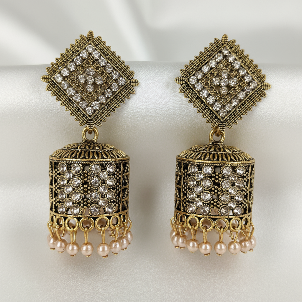 Elegant Antique Gold Jhumka Earrings with Pearl Drops and Crystal Detailing – Traditional Indian Jewelry