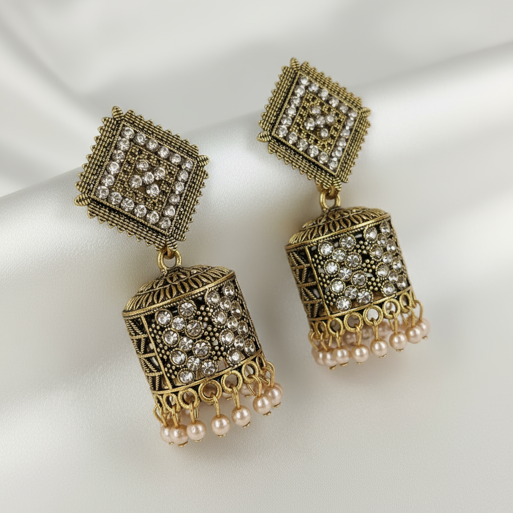 Elegant Antique Gold Jhumka Earrings with Pearl Drops and Crystal Detailing – Traditional Indian Jewelry