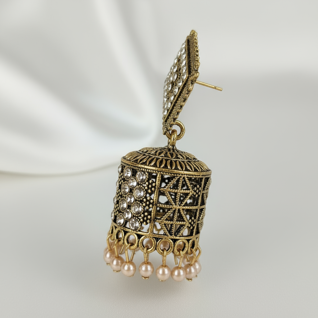 Elegant Antique Gold Jhumka Earrings with Pearl Drops and Crystal Detailing – Traditional Indian Jewelry