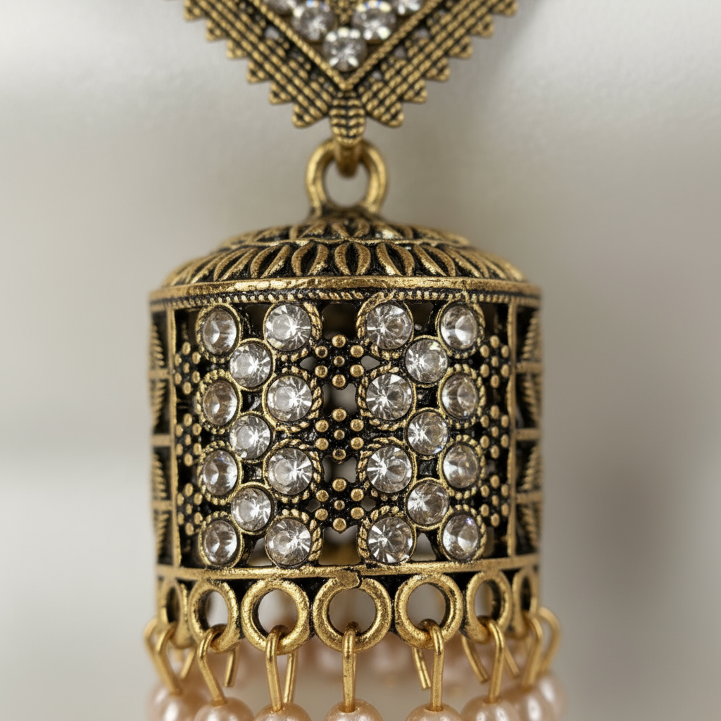Elegant Antique Gold Jhumka Earrings with Pearl Drops and Crystal Detailing – Traditional Indian Jewelry