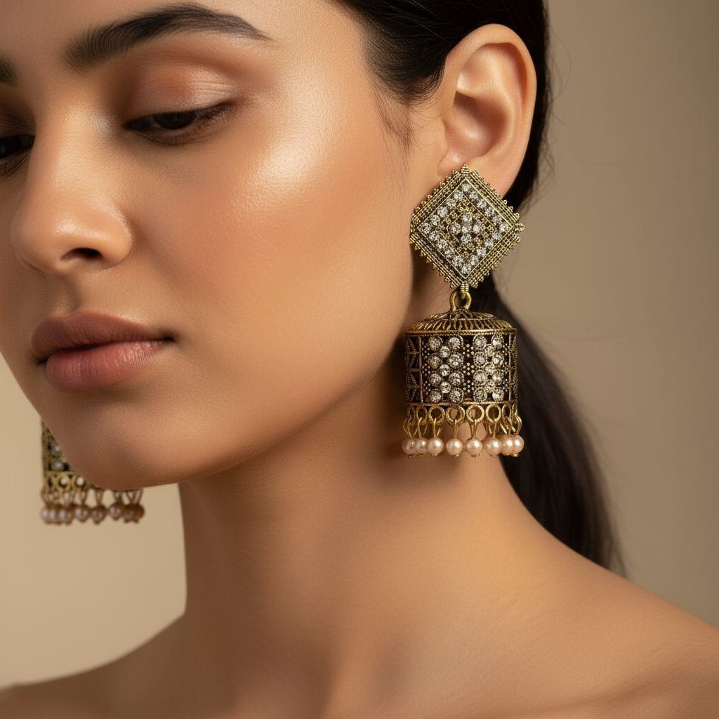 Elegant Antique Gold Jhumka Earrings with Pearl Drops and Crystal Detailing – Traditional Indian Jewelry