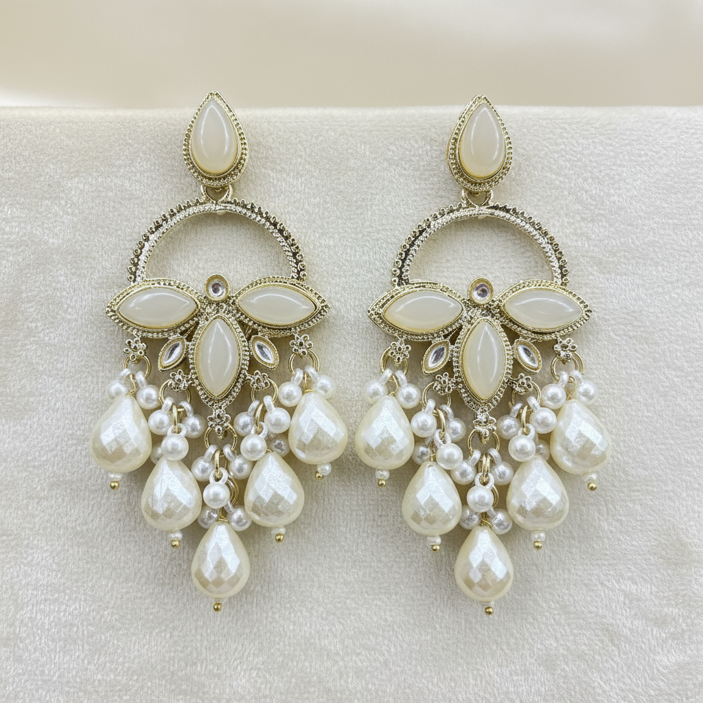 Elegant Pearl Drop Chandbali Earrings - Vintage Indian Statement Jewelry