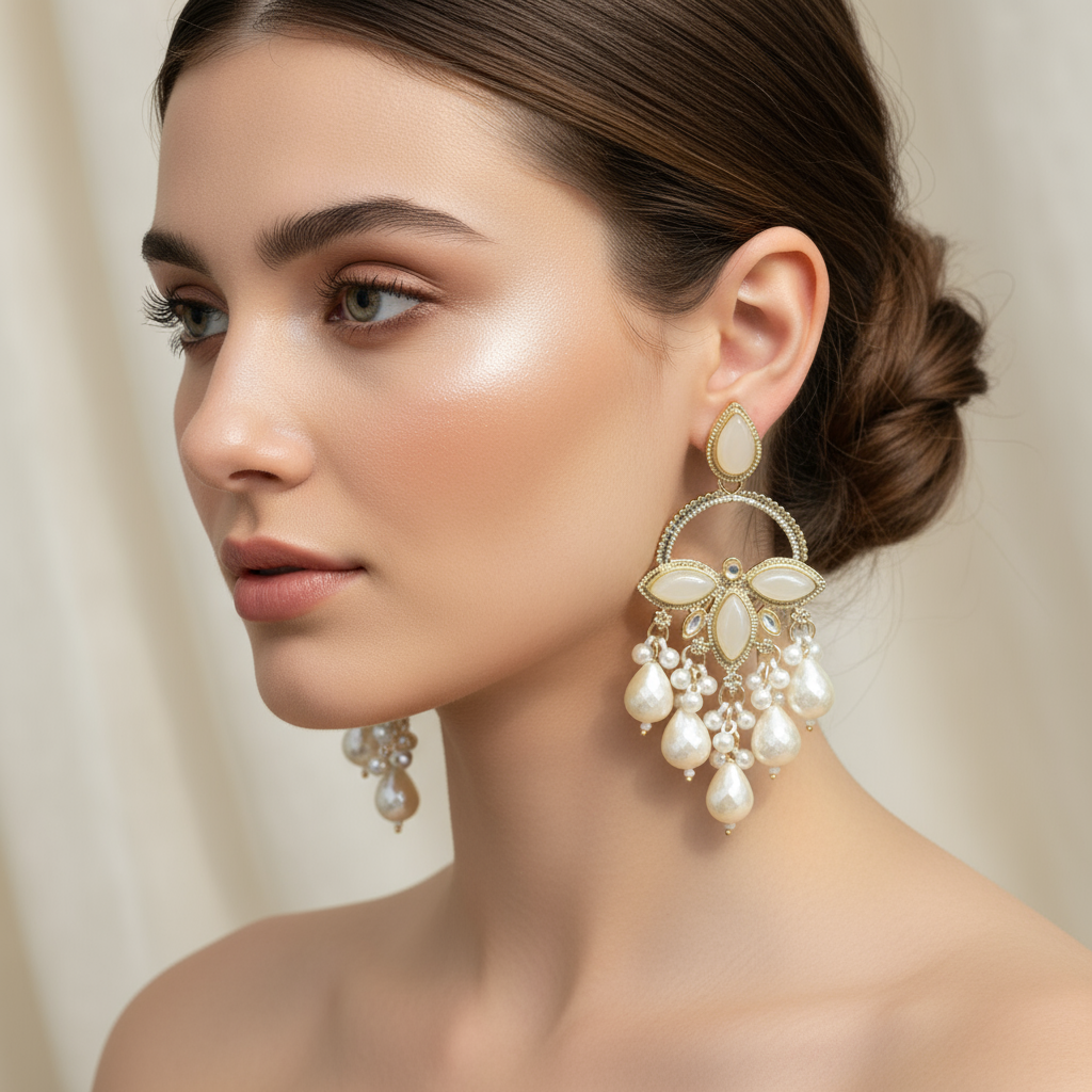 Elegant Pearl Drop Chandbali Earrings - Vintage Indian Statement Jewelry