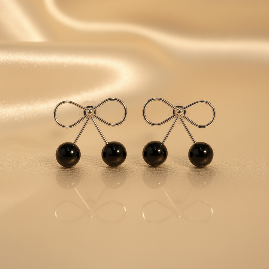 Elegant Black Cherry Dangle Earrings – Minimalist Silver Bow Jewelry for Women