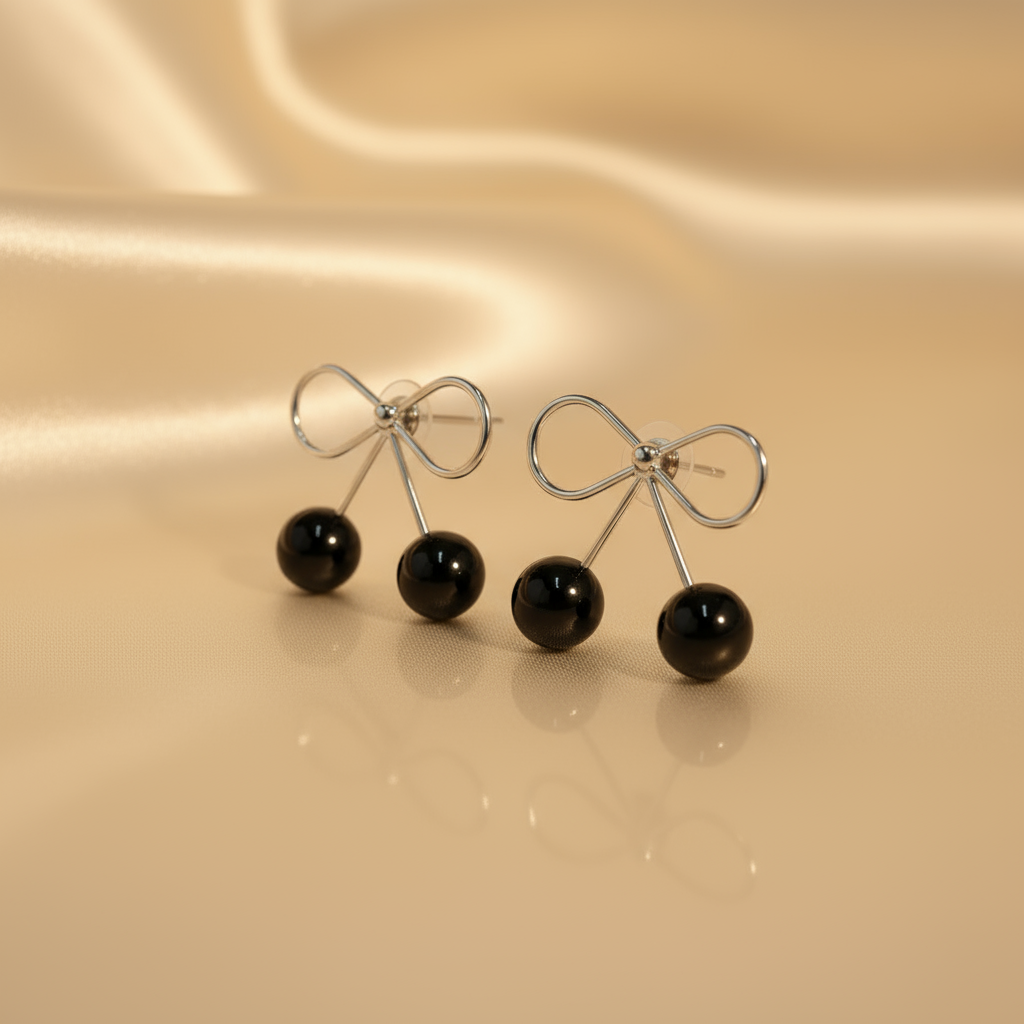 Elegant Black Cherry Dangle Earrings – Minimalist Silver Bow Jewelry for Women