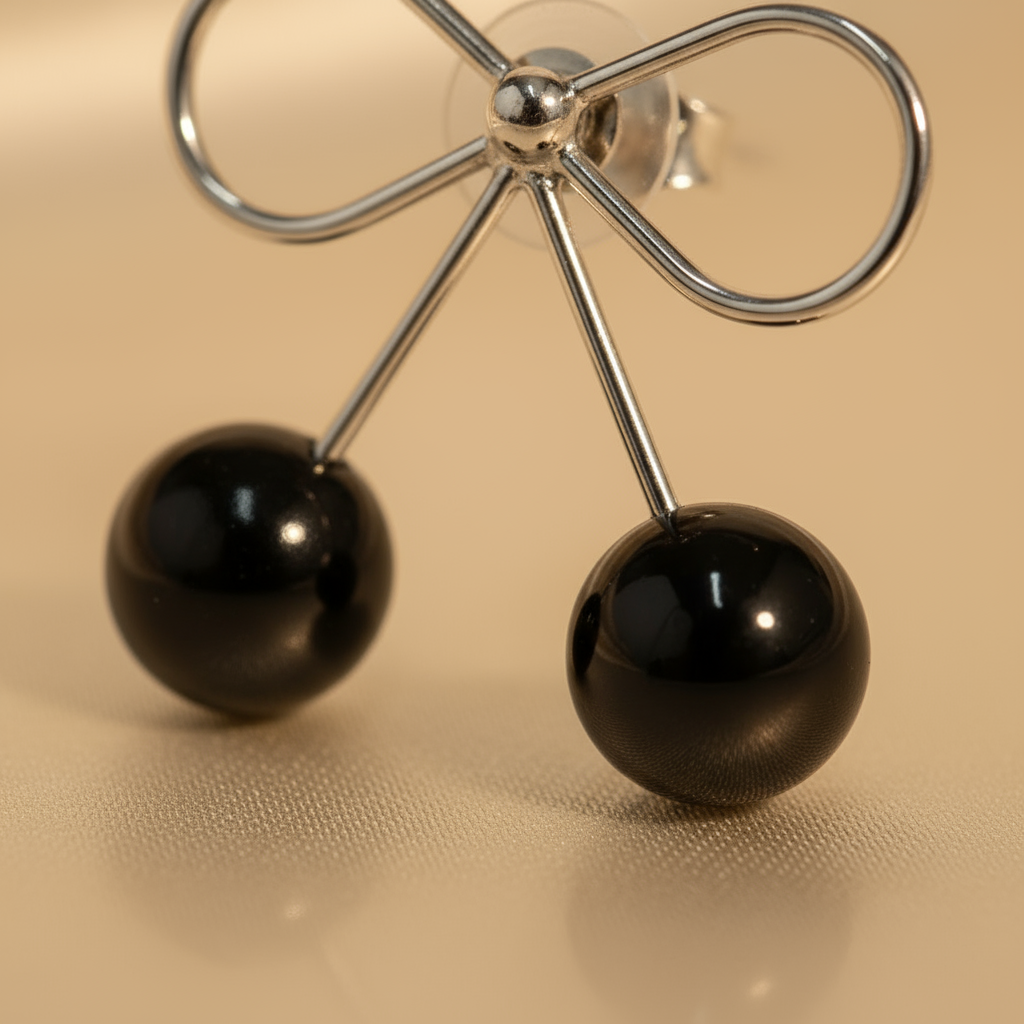 Elegant Black Cherry Dangle Earrings – Minimalist Silver Bow Jewelry for Women