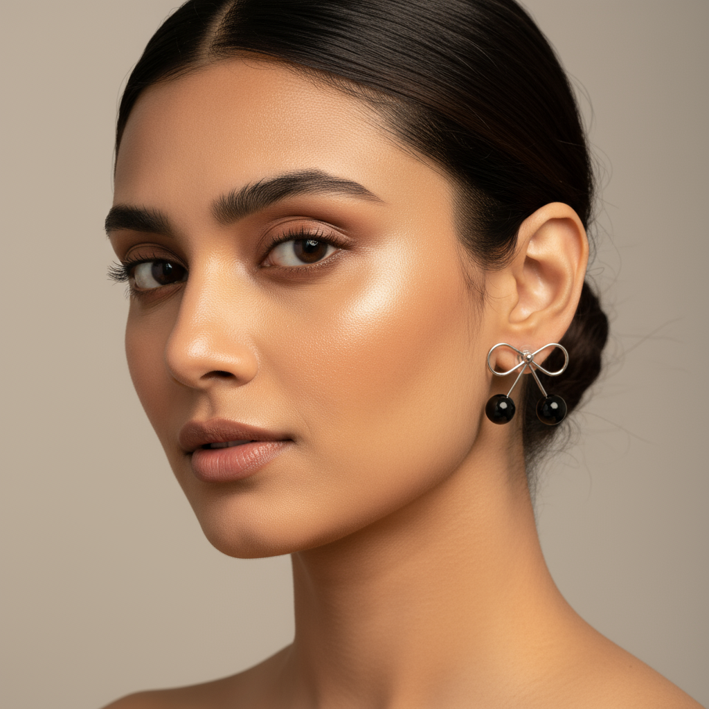 Elegant Black Cherry Dangle Earrings – Minimalist Silver Bow Jewelry for Women