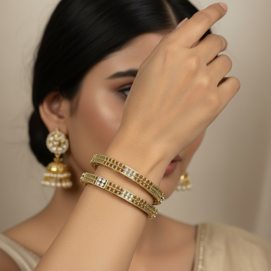 Elegant Gold-Plated Crystal-Studded Bangles – Women's Fashion Jewelry Set