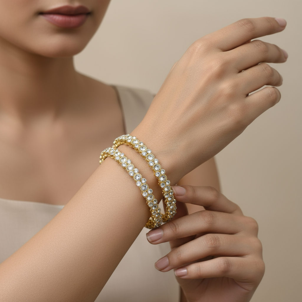 Elegant Gold-Plated Crystal Studded Bangles – Women’s Fashion Jewelry Set