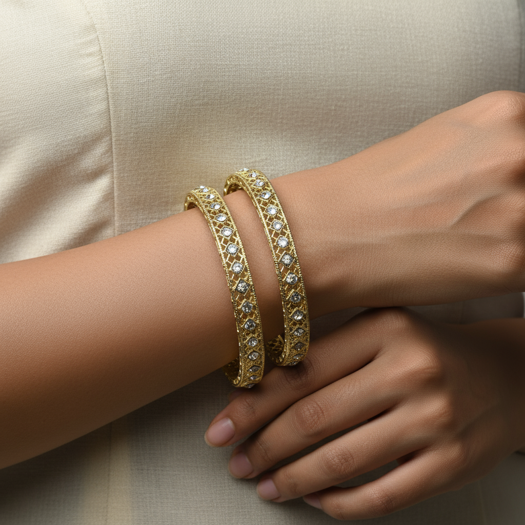 Elegant Gold-Plated Diamond Cut Bangle Set – Luxury Women's Jewelry Bracelets