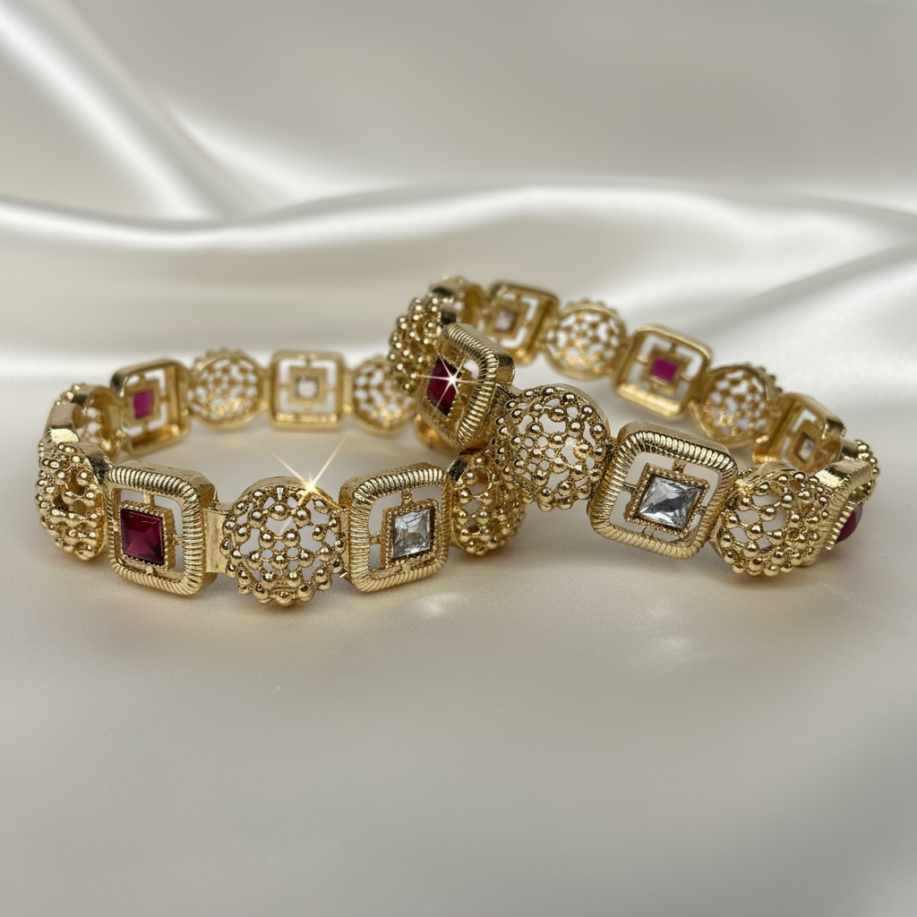 Elegant Gold-Plated Filigree Bracelets with Red and White Gemstone Accents – Luxury Women's Jewelry Set