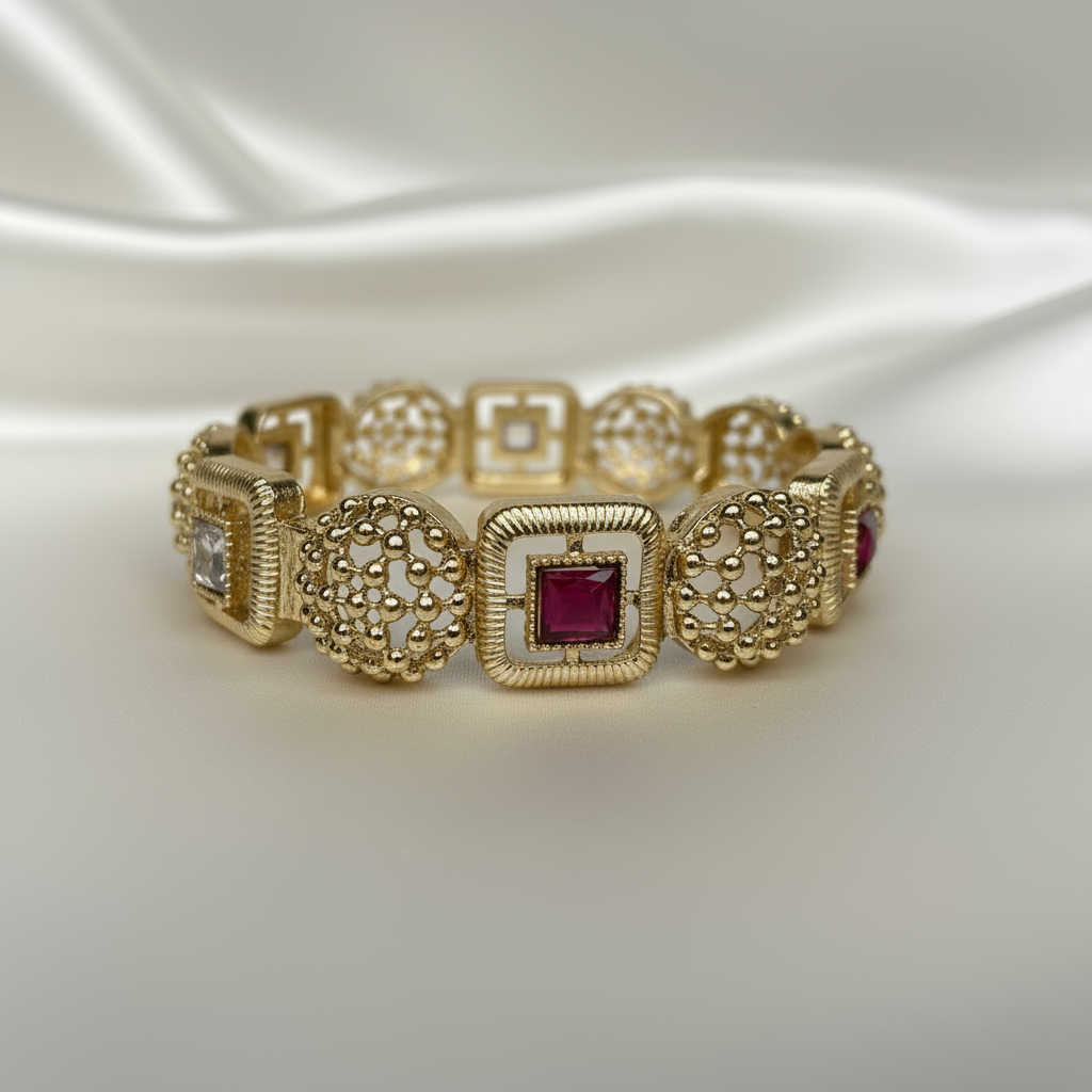 Elegant Gold-Plated Filigree Bracelets with Red and White Gemstone Accents – Luxury Women's Jewelry Set