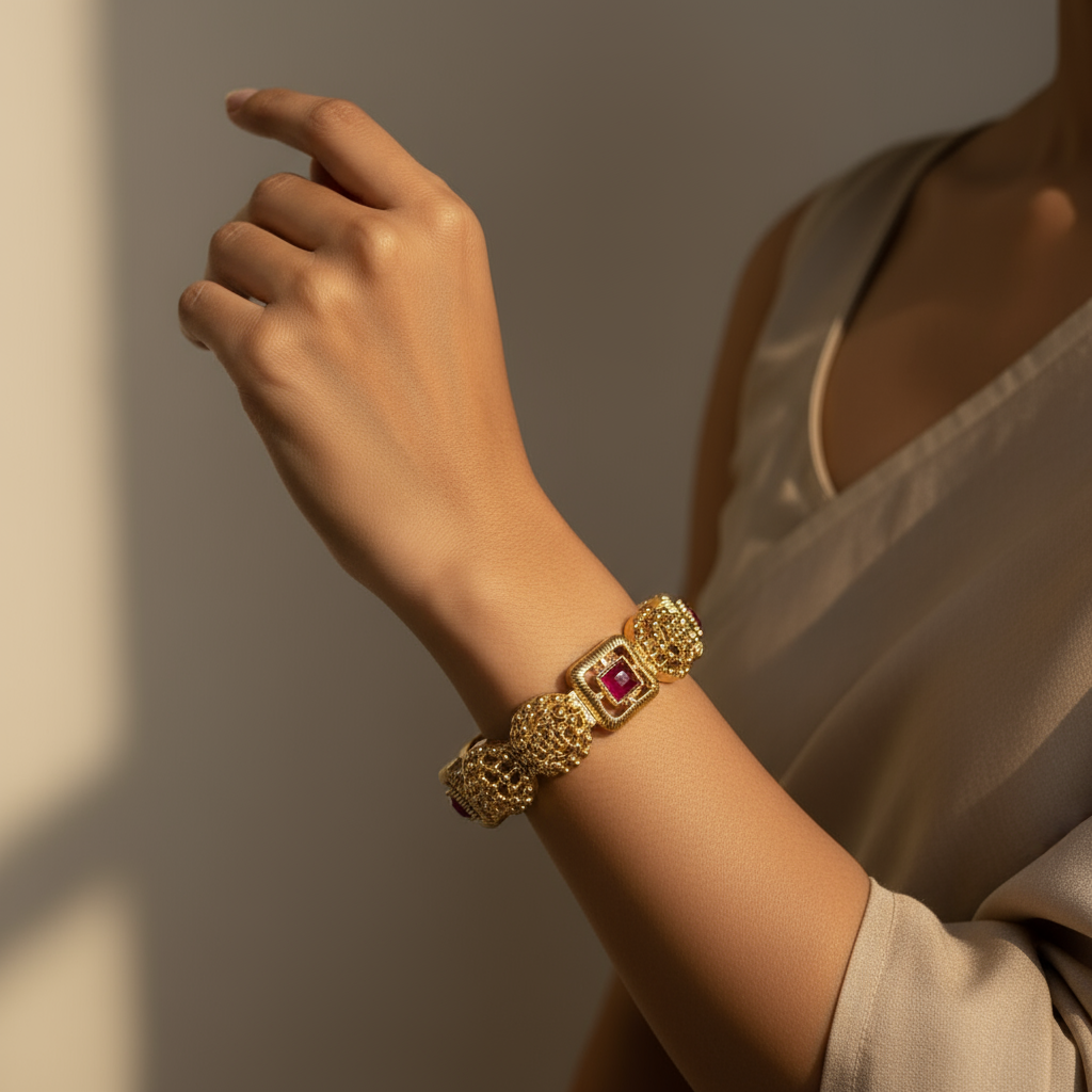 Elegant Gold-Plated Filigree Bracelets with Red and White Gemstone Accents – Luxury Women's Jewelry Set