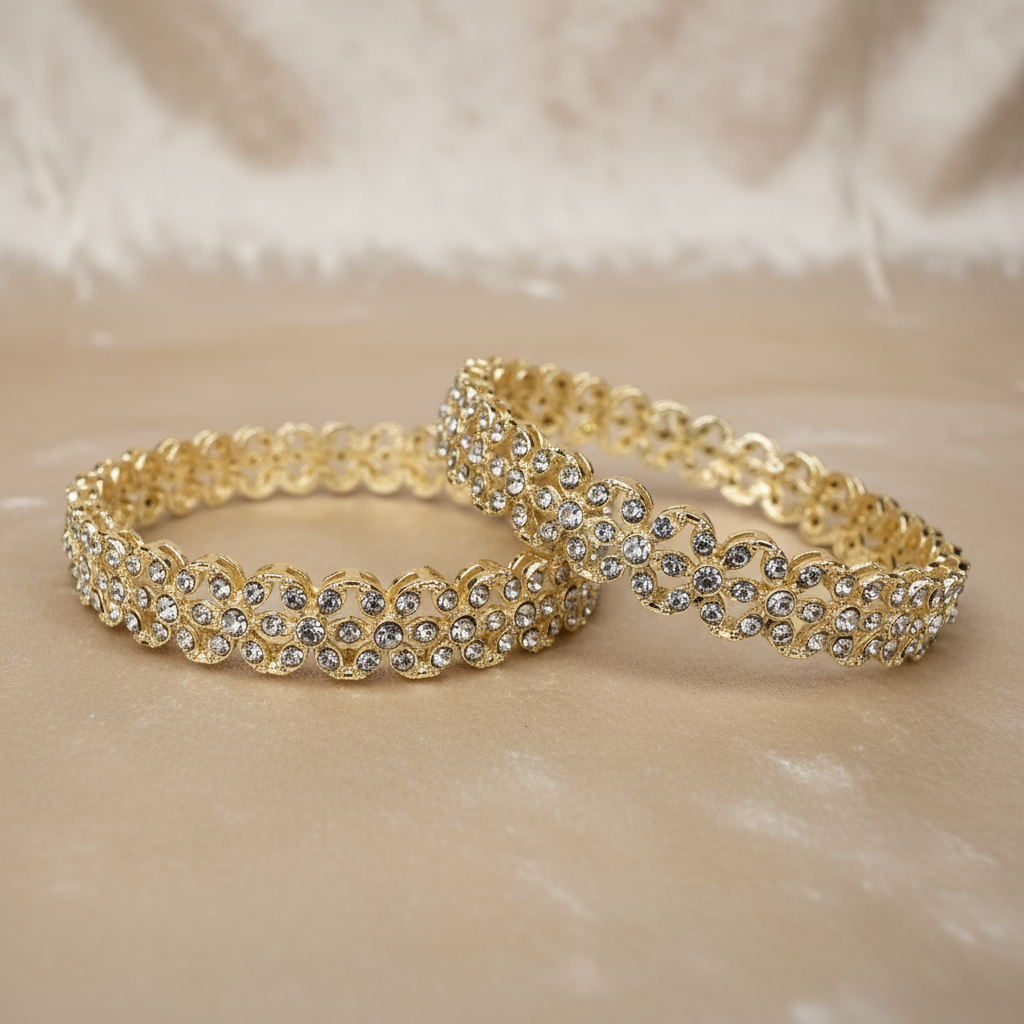 Elegant Gold-Plated Floral Crystal Bangles – Women’s Designer Jewelry Set