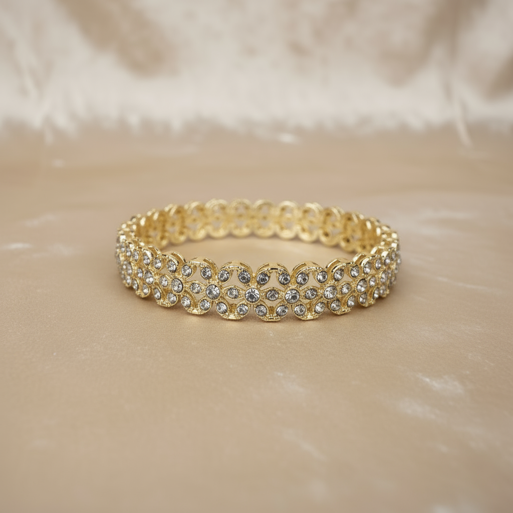 Elegant Gold-Plated Floral Crystal Bangles – Women’s Designer Jewelry Set