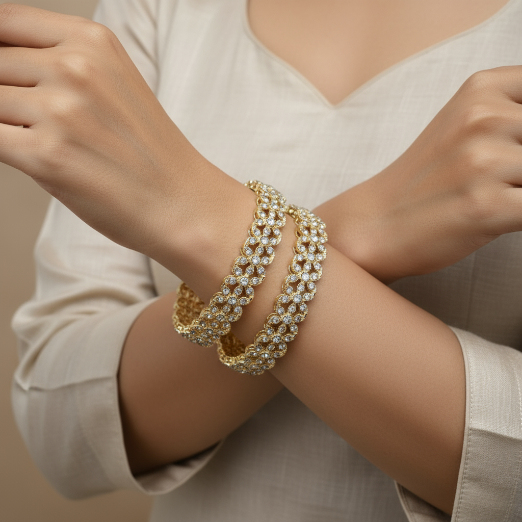 Elegant Gold-Plated Floral Crystal Bangles – Women’s Designer Jewelry Set