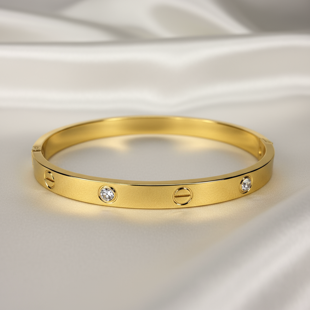Elegant Gold-Plated Screw Detail Bangle Bracelet with Sparkling Cubic Zirconia Accents