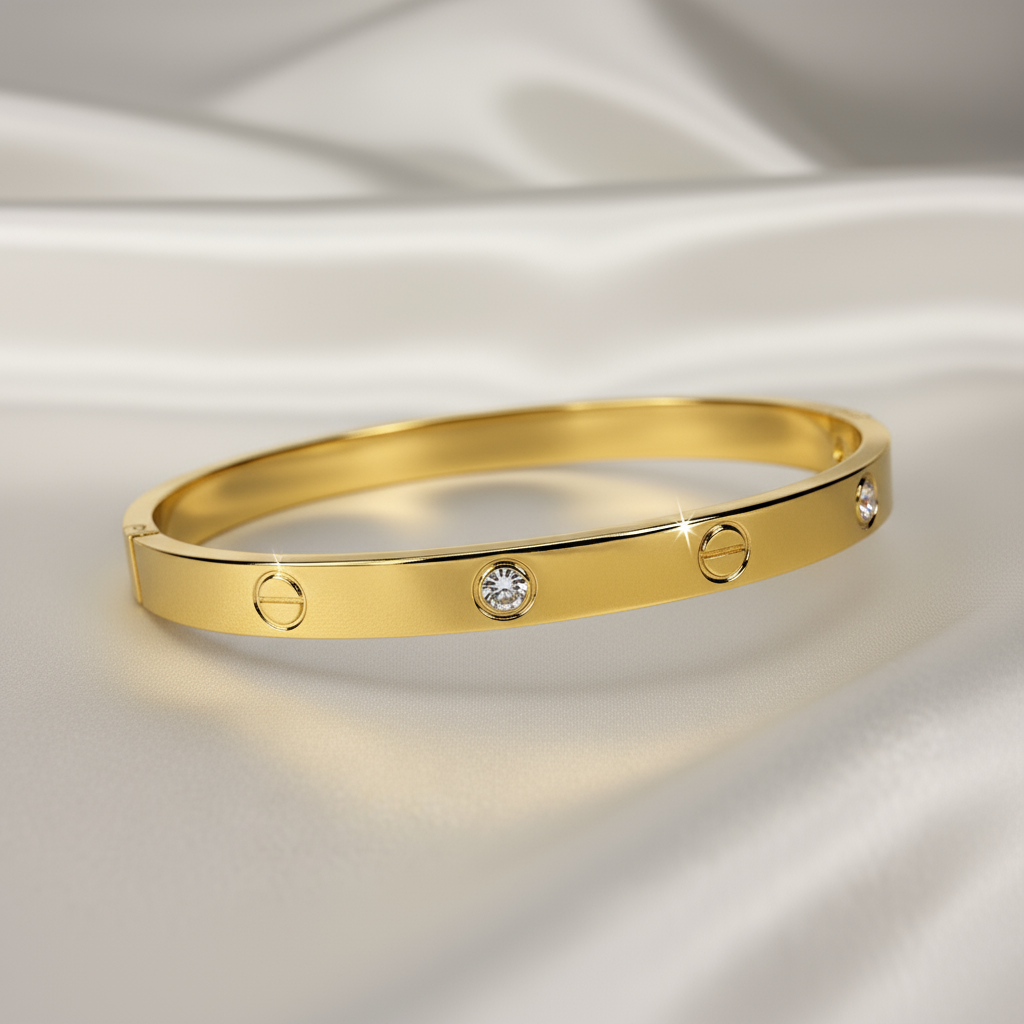 Elegant Gold-Plated Screw Detail Bangle Bracelet with Sparkling Cubic Zirconia Accents