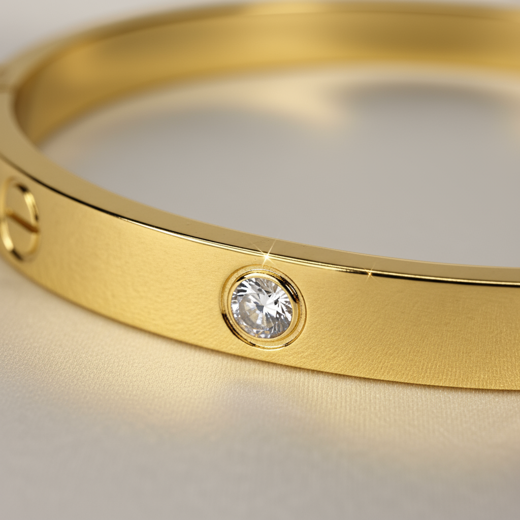 Elegant Gold-Plated Screw Detail Bangle Bracelet with Sparkling Cubic Zirconia Accents