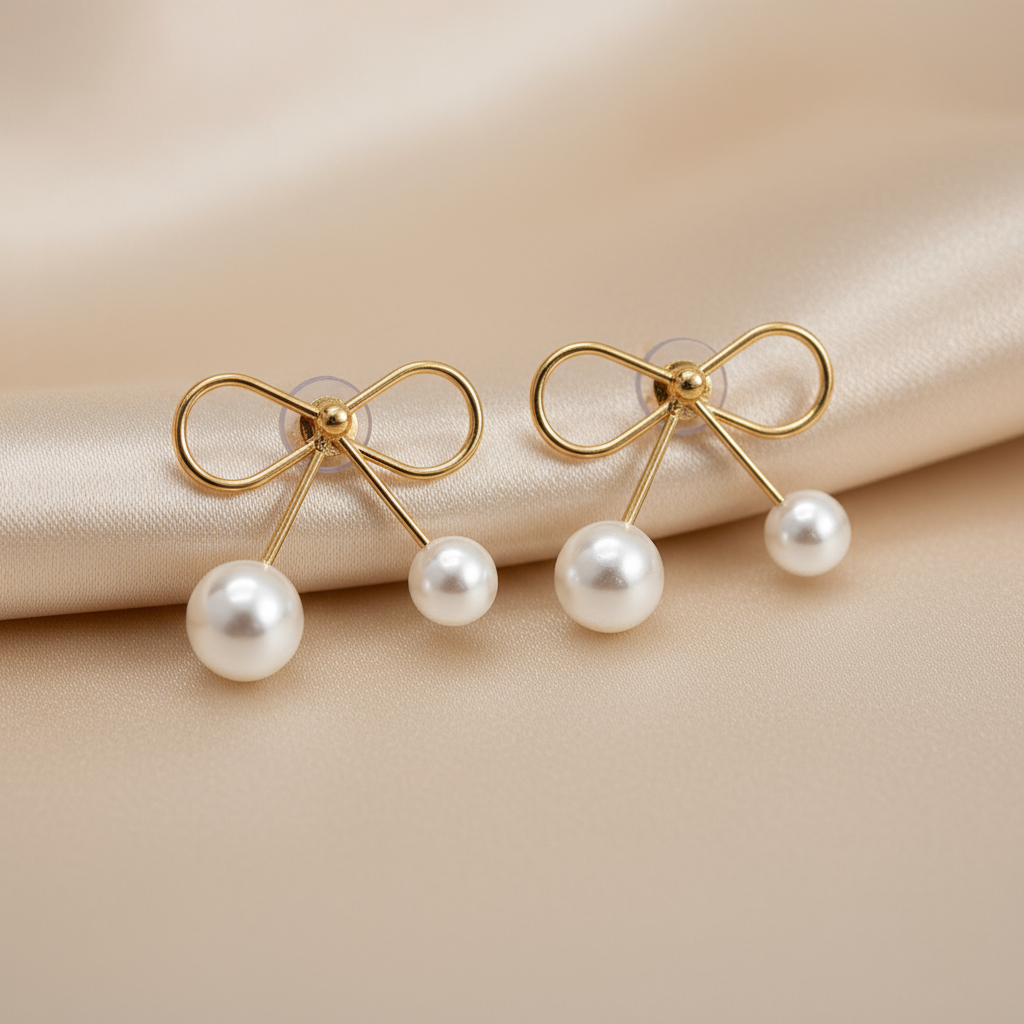 Elegant Gold Bow Pearl Drop Earrings – Classic Minimalist Jewelry for Women