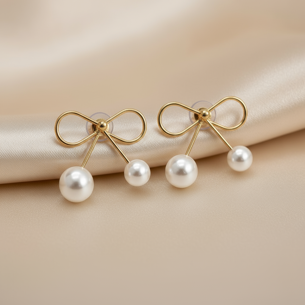 Elegant Gold Bow Pearl Drop Earrings – Classic Minimalist Jewelry for Women