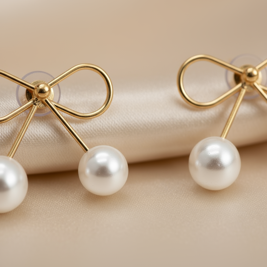 Elegant Gold Bow Pearl Drop Earrings – Classic Minimalist Jewelry for Women