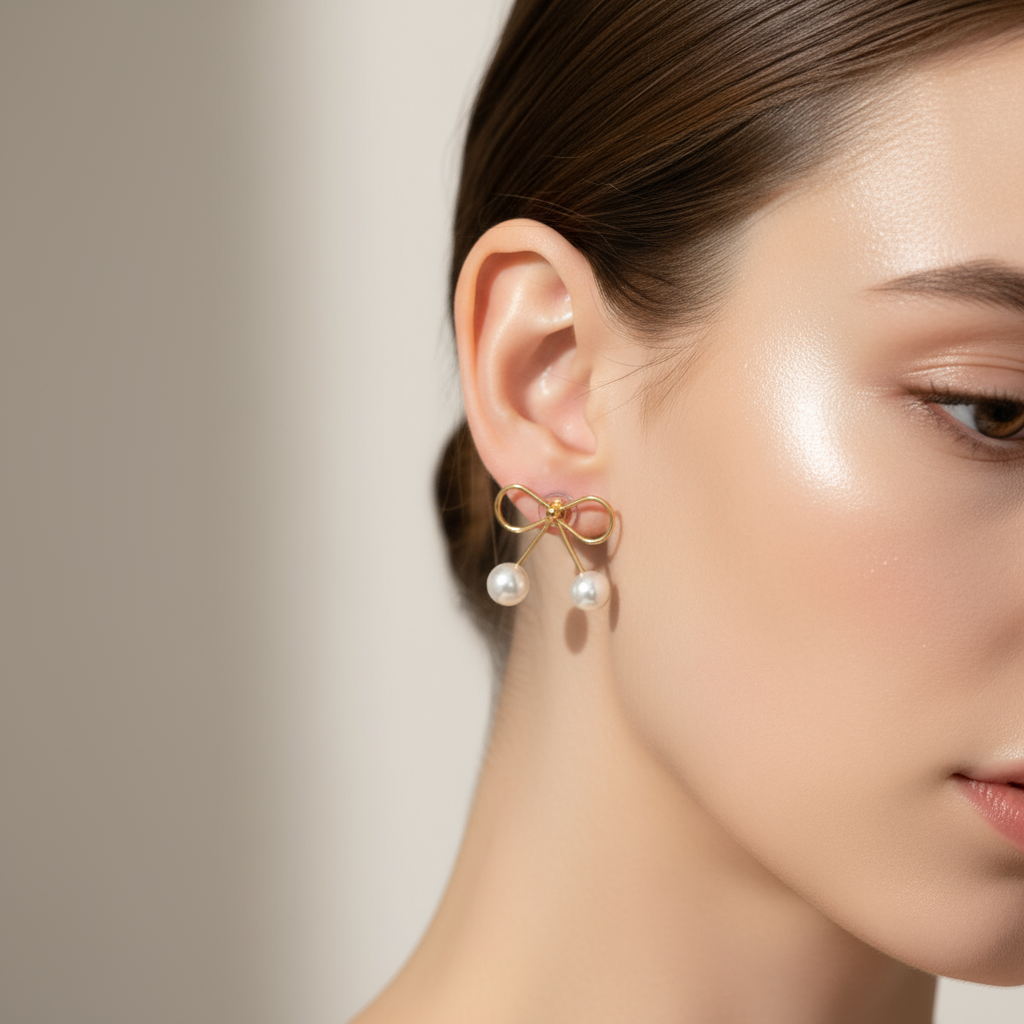 Elegant Gold Bow Pearl Drop Earrings – Classic Minimalist Jewelry for Women