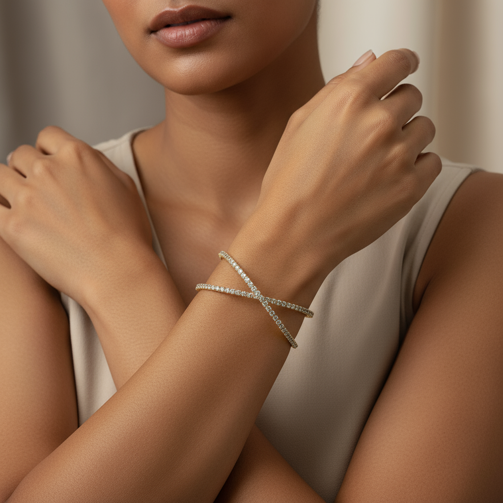 Elegant Gold Crossed Bangle Bracelet with Sparkling Cubic Zirconia Accents – Luxury Women's Jewelry