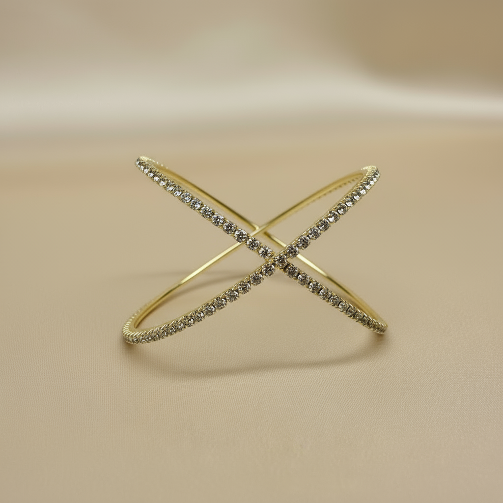 Elegant Gold Crossed Bangle Bracelet with Sparkling Cubic Zirconia Accents – Luxury Women's Jewelry