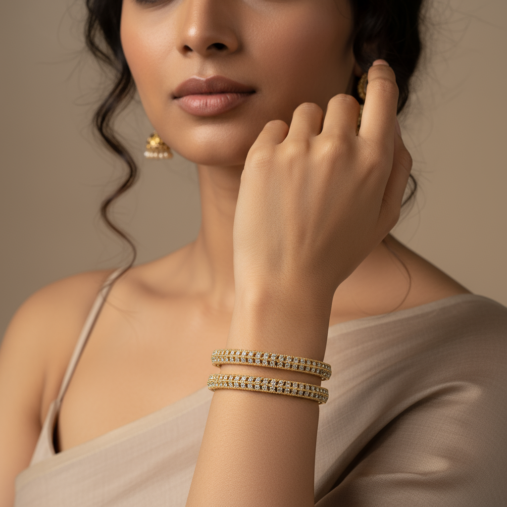 Elegant Gold Diamond-Studded Bangles – Luxury Women’s Jewelry Set