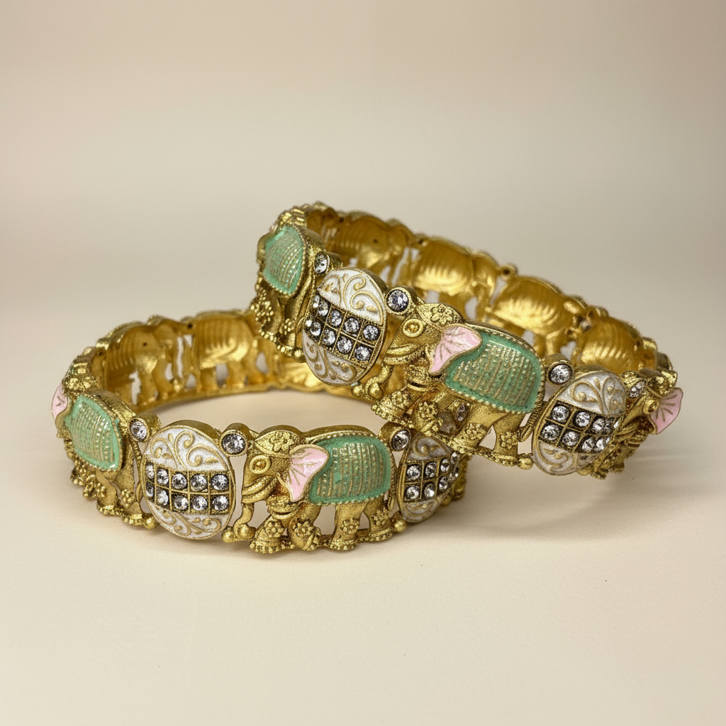 Elegant Gold Elephant Design Kadas with Enamel and Crystal Embellishments – Traditional Indian Bracelet Set