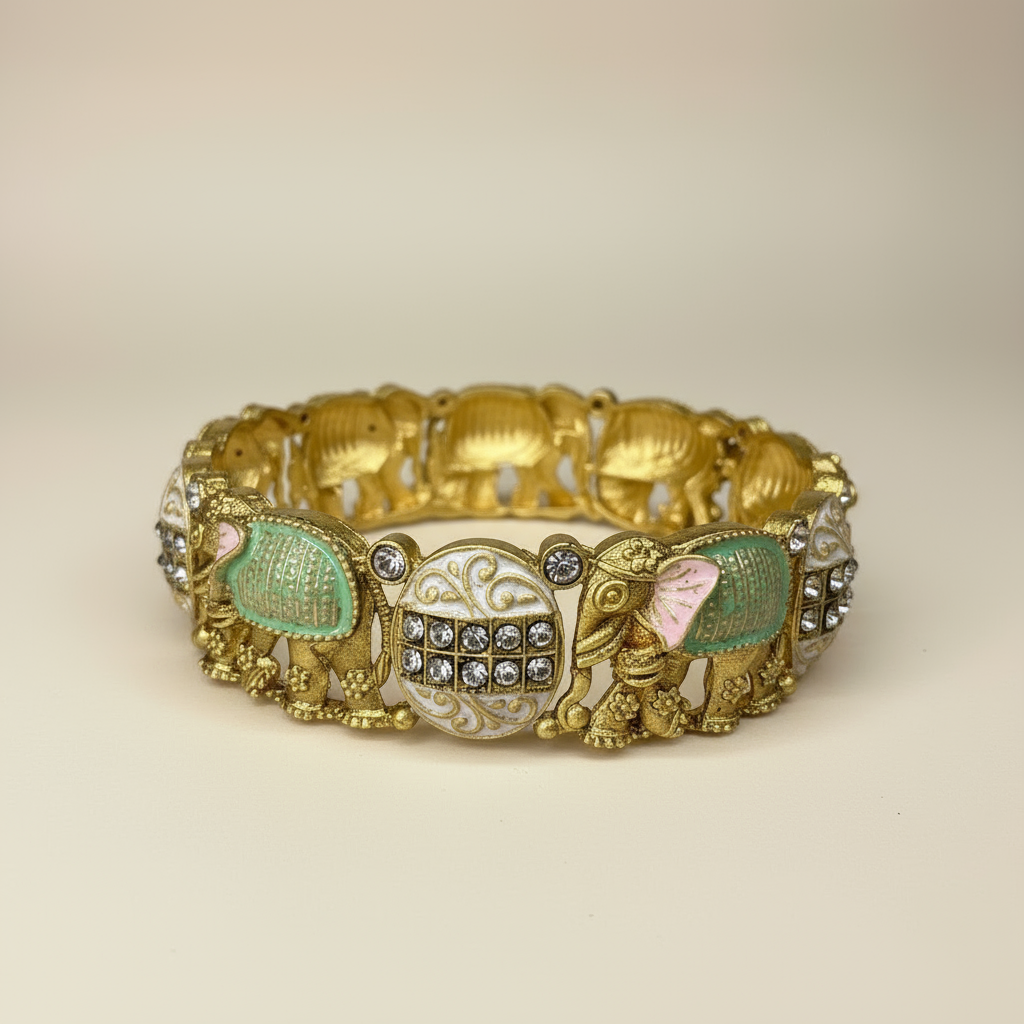Elegant Gold Elephant Design Kadas with Enamel and Crystal Embellishments – Traditional Indian Bracelet Set
