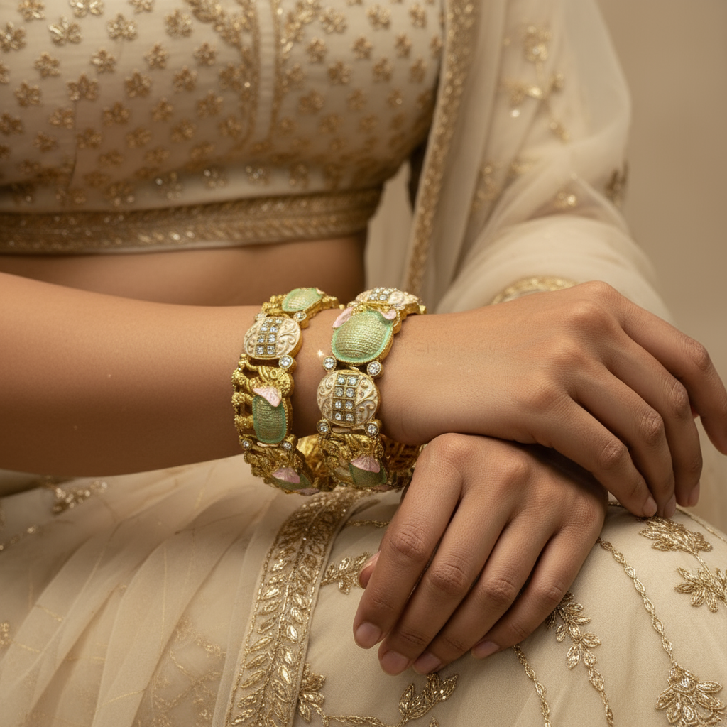 Elegant Gold Elephant Design Kadas with Enamel and Crystal Embellishments – Traditional Indian Bracelet Set