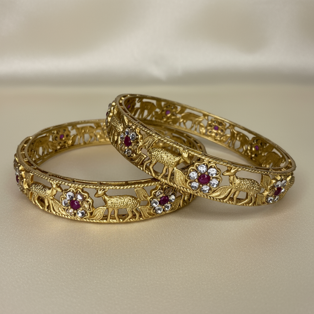 Elegant Gold Plated Deer & Floral Design Bangles with Ruby and Diamond Accents – Traditional Indian Jewelry