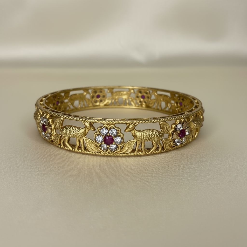 Elegant Gold Plated Deer & Floral Design Bangles with Ruby and Diamond Accents – Traditional Indian Jewelry