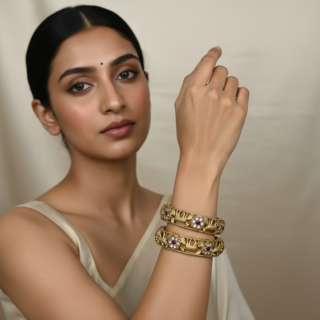 Elegant Gold Plated Deer & Floral Design Bangles with Ruby and Diamond Accents – Traditional Indian Jewelry