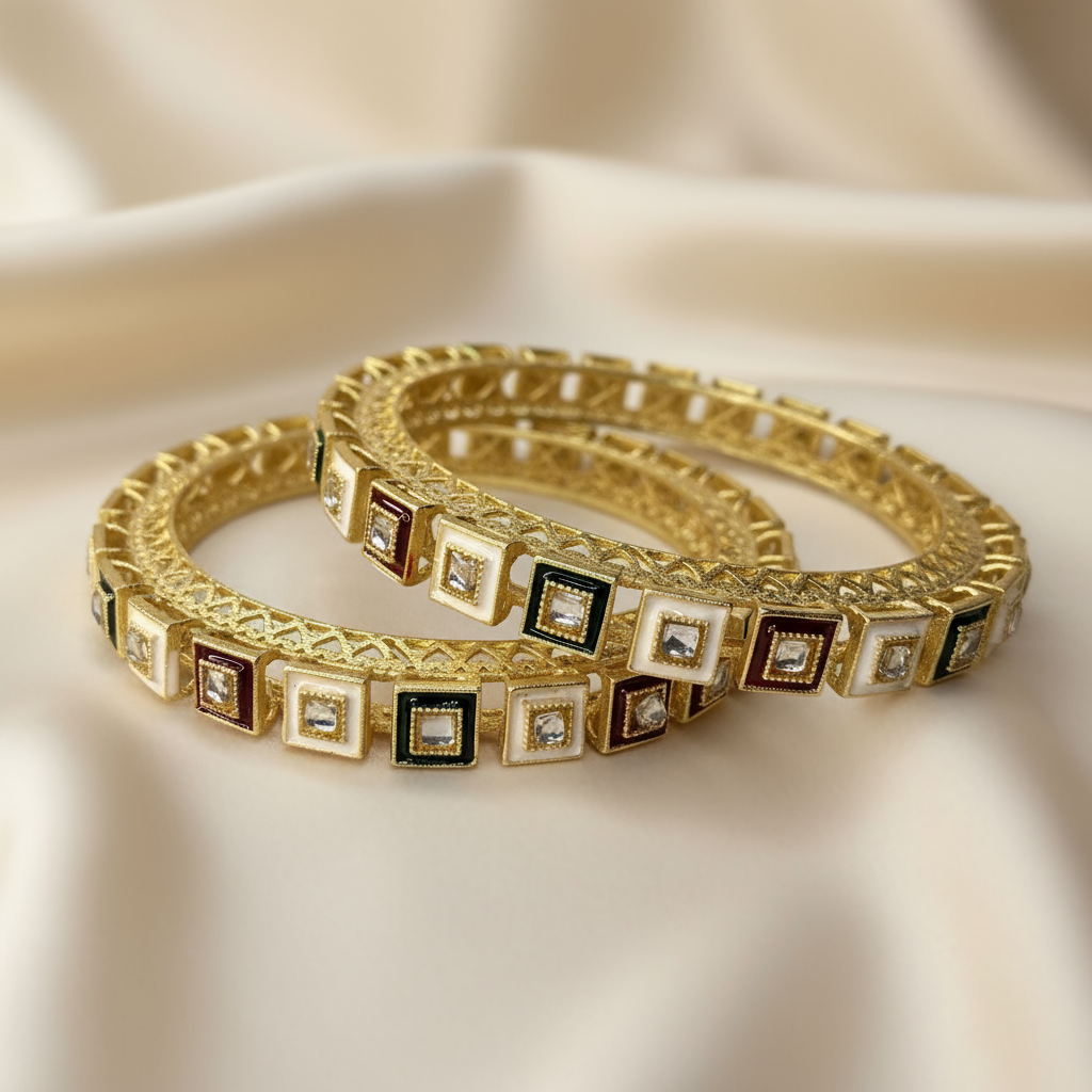 Elegant Gold Plated Kundan Bangles with Multicolor Enamel Detailing – Traditional Indian Jewelry