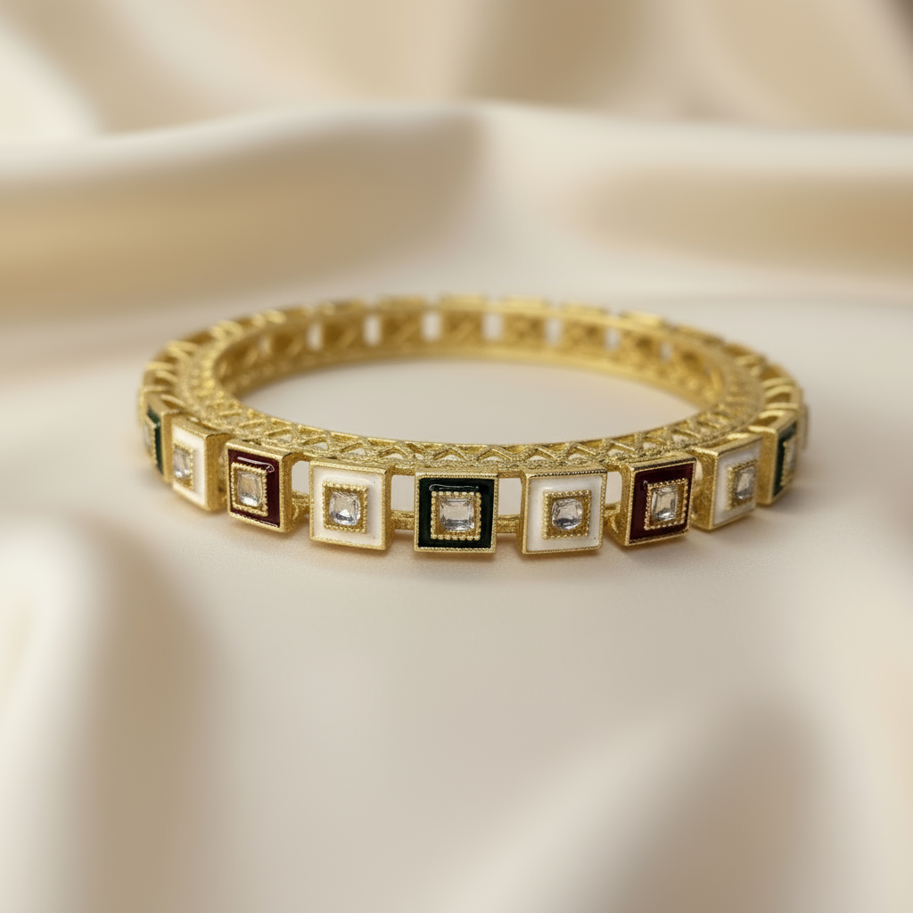 Elegant Gold Plated Kundan Bangles with Multicolor Enamel Detailing – Traditional Indian Jewelry