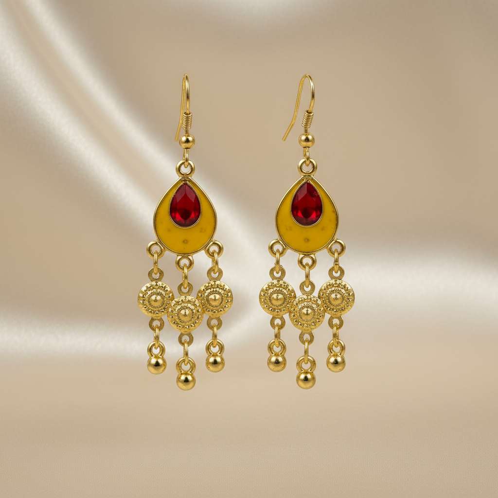 Elegant Gold Plated Red Stone Drop Earrings – Traditional Indian Jewelry for Women